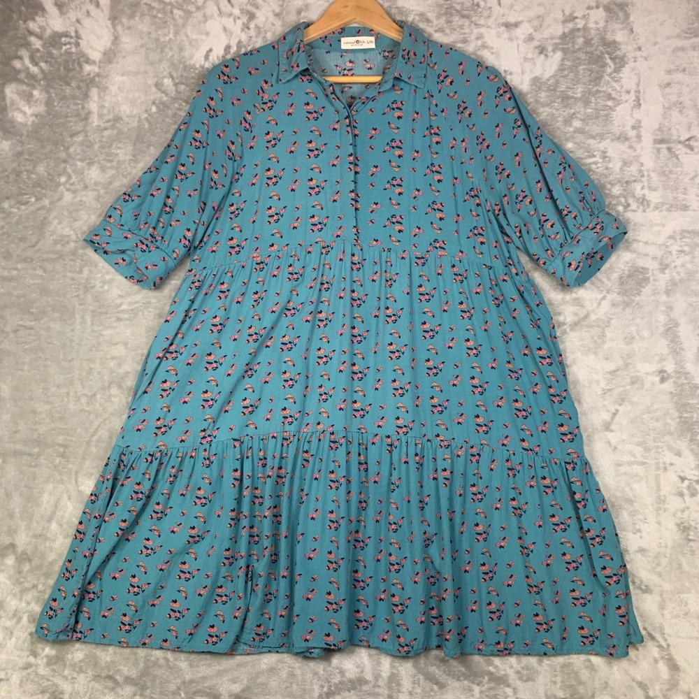 Natural Life Becca Mini Dress Teal Pink Floral Tiered Pockets L/XL Cottage Boho